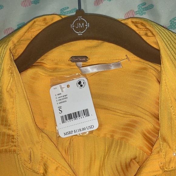 FREE PEOPLE Serena Silky Stripe Shirt carrot ginger yellow Long Sleeve Blouse - Picture 12 of 12